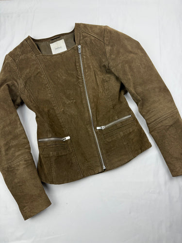 Khaki tight fit suede real leather zip up biker jacket (XS)