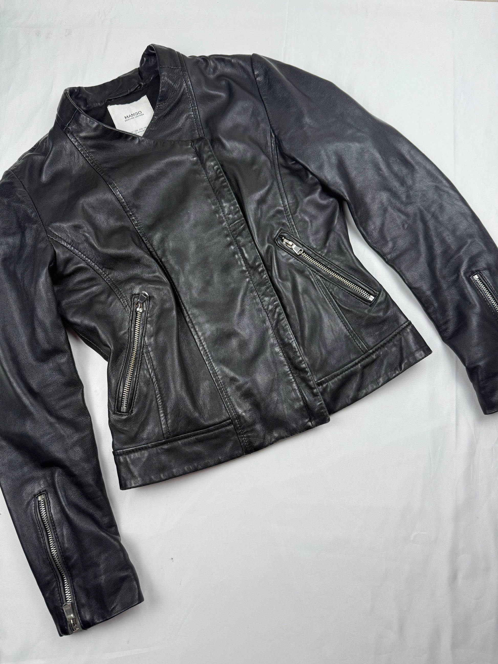 Black real leather tight fit biker jacket (XS)