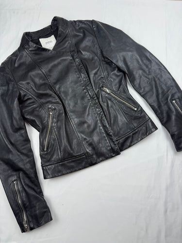 Black real leather tight fit biker jacket (XS)