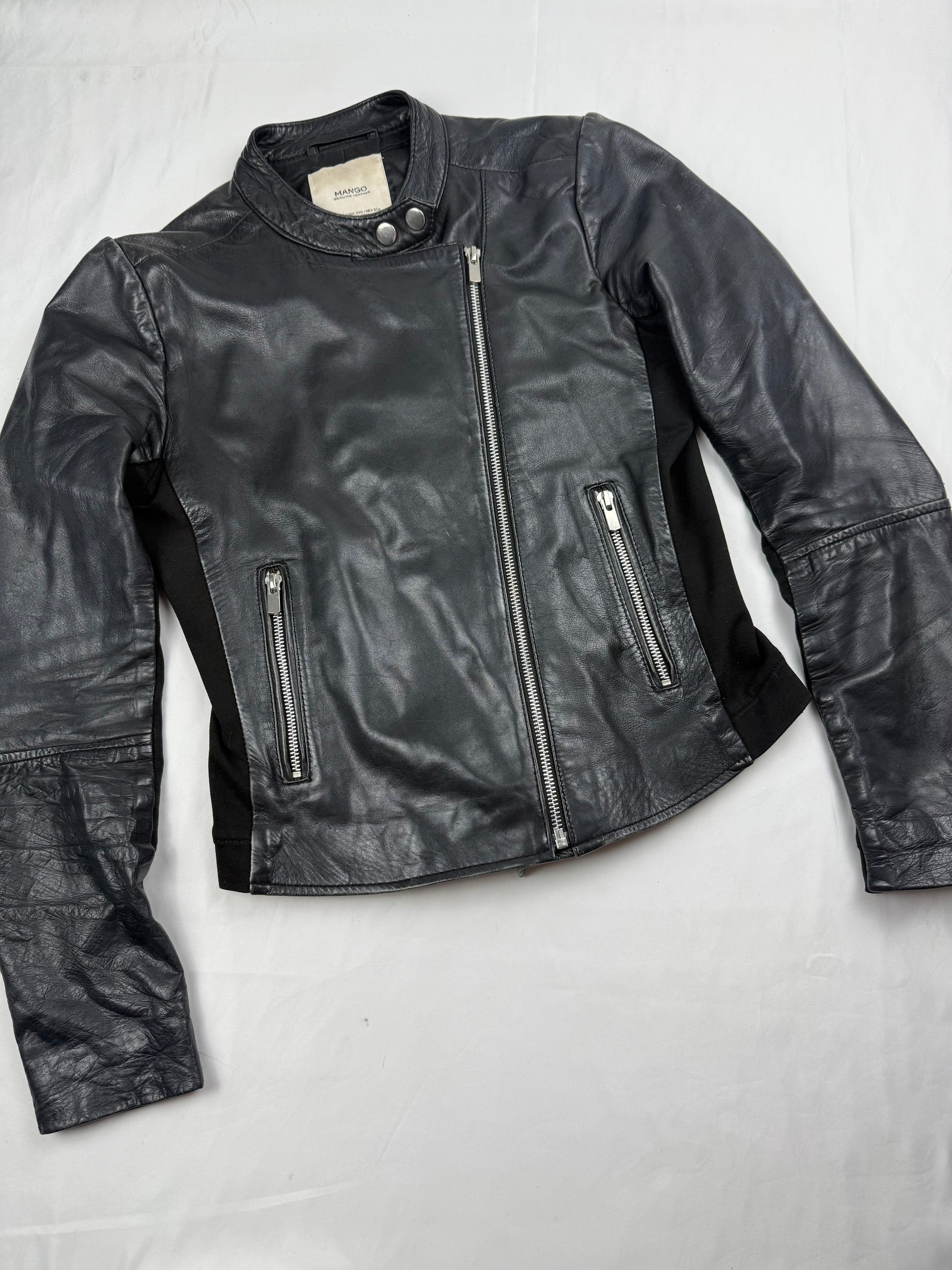 Black real leather tight fit biker jacket (XS)