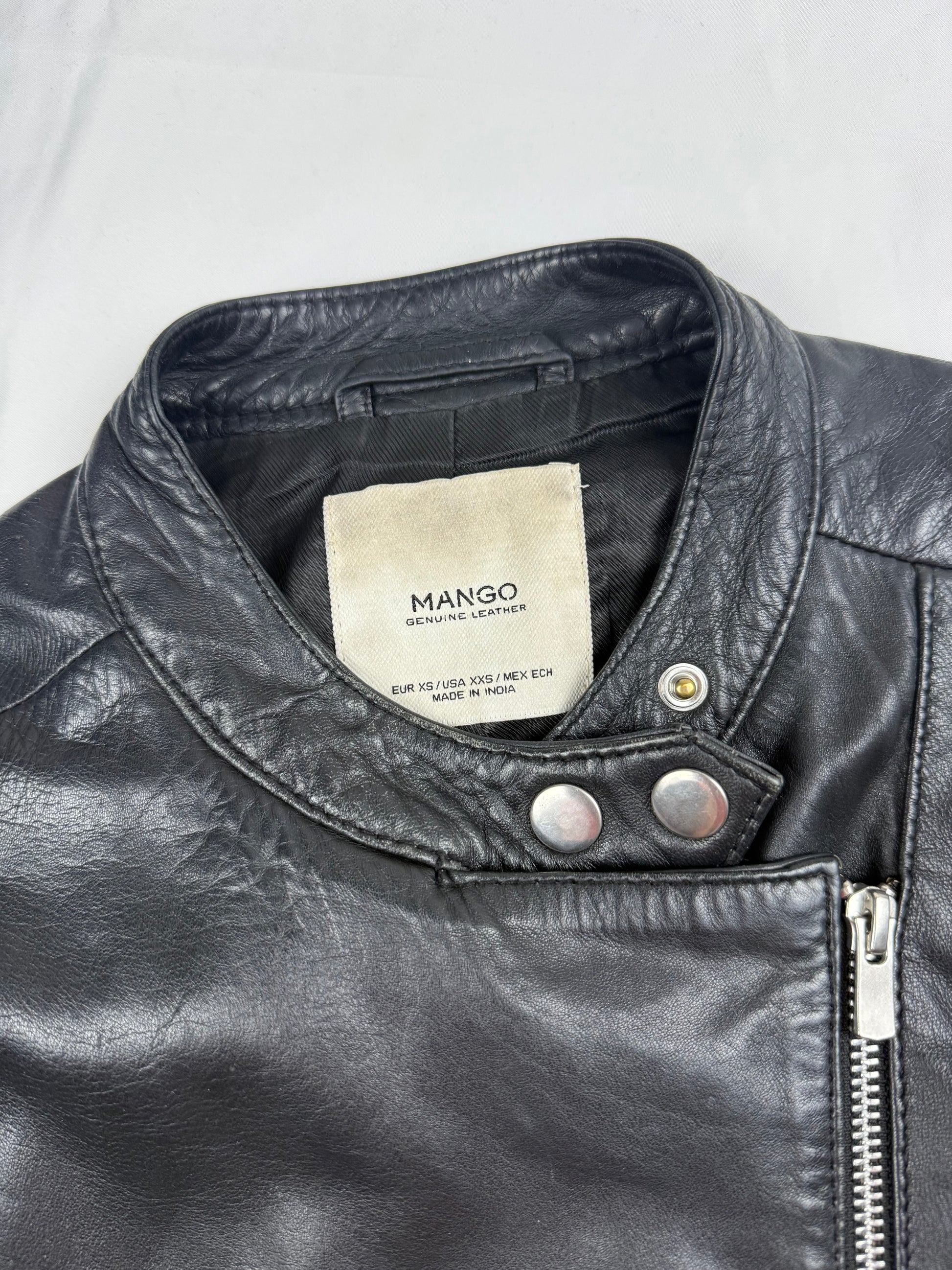 Black real leather tight fit biker jacket (XS)