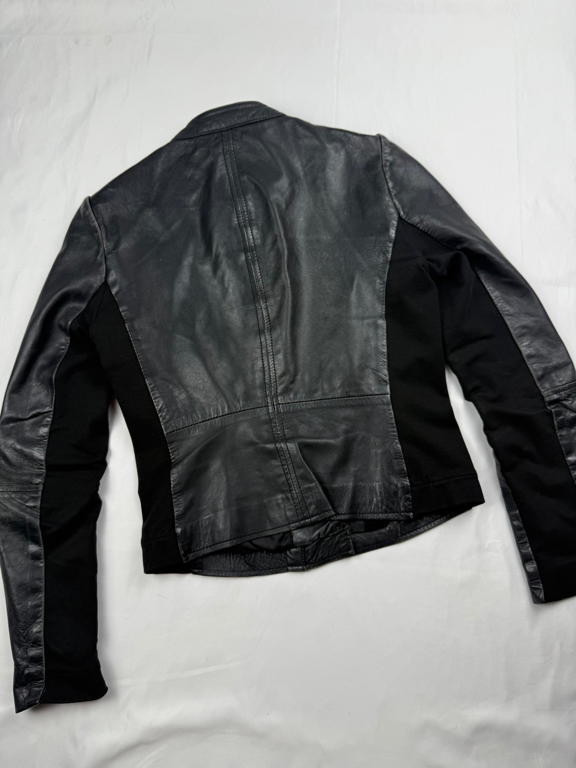 Black real leather tight fit biker jacket (XS)