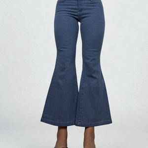 Blue denim low rise flare pants (XS)
