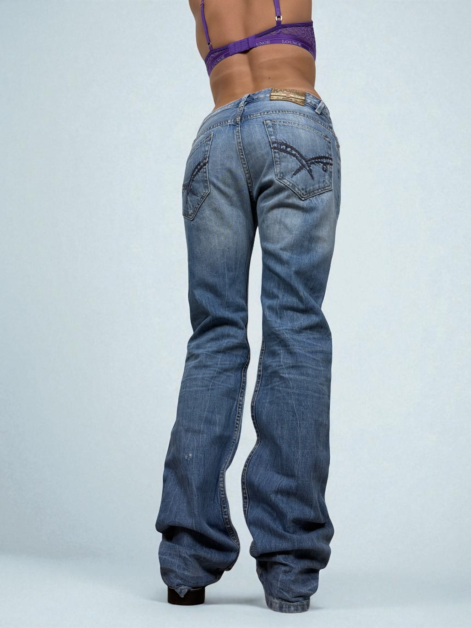 Blue denim low rise baggy pants (M)