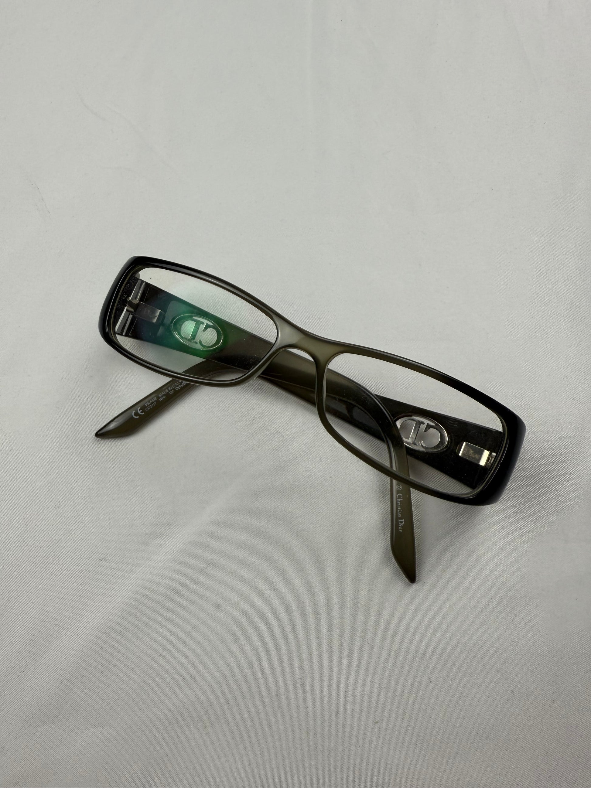 2000s khaki office siren CD logo glasses (no prescription)