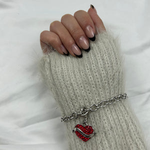 Silver heart charms strass chain bracelet