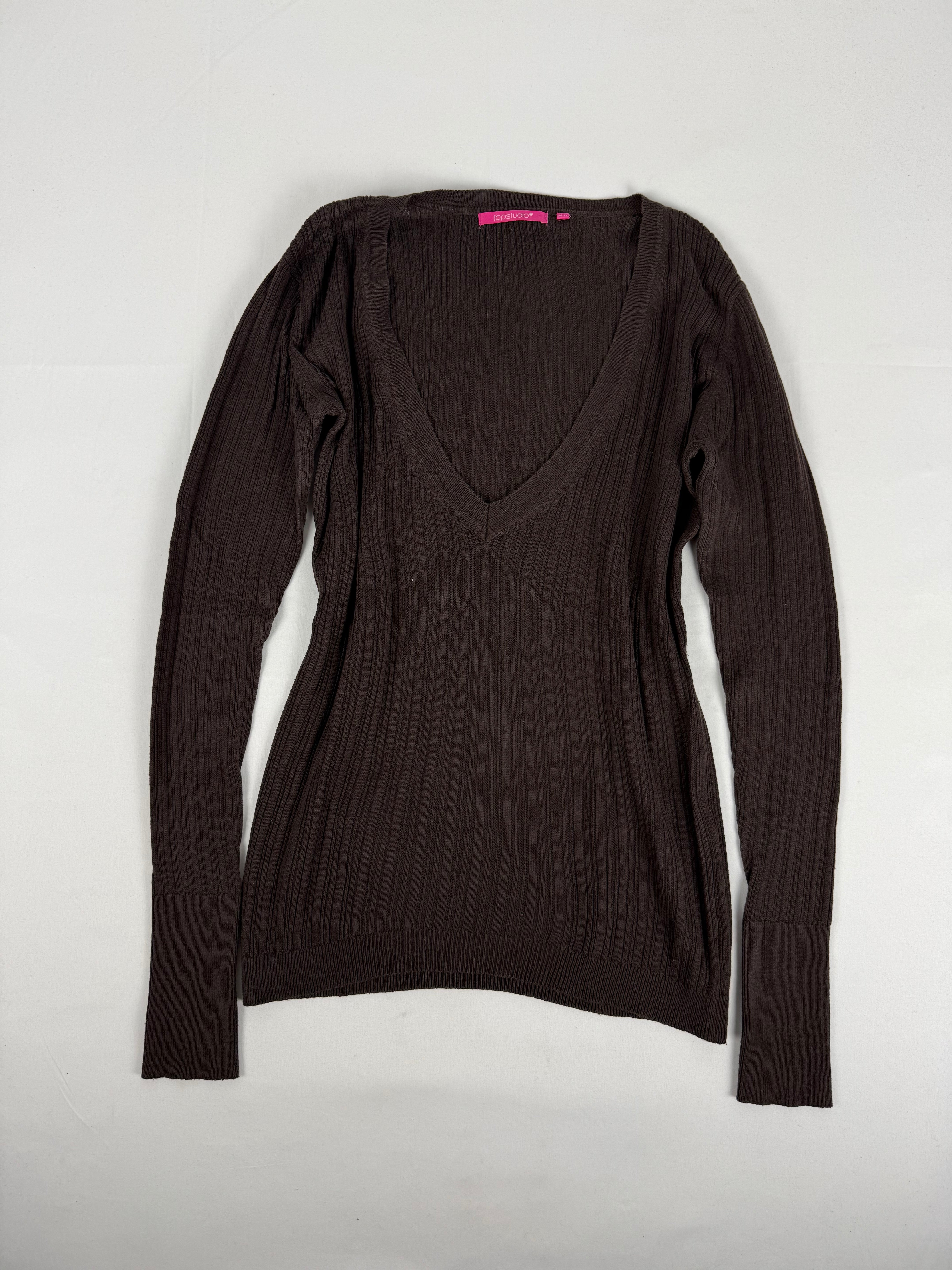 Brown ribbed V neck jumper (S/M)