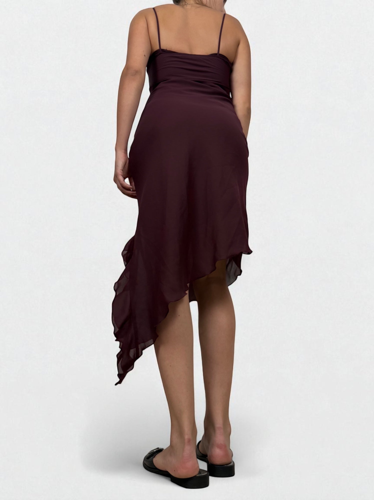 Purple mesh plunge asymmetric maxi dress (XS)