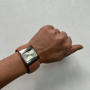 Vintage orange silver leather rigid bracelet watch jewelry