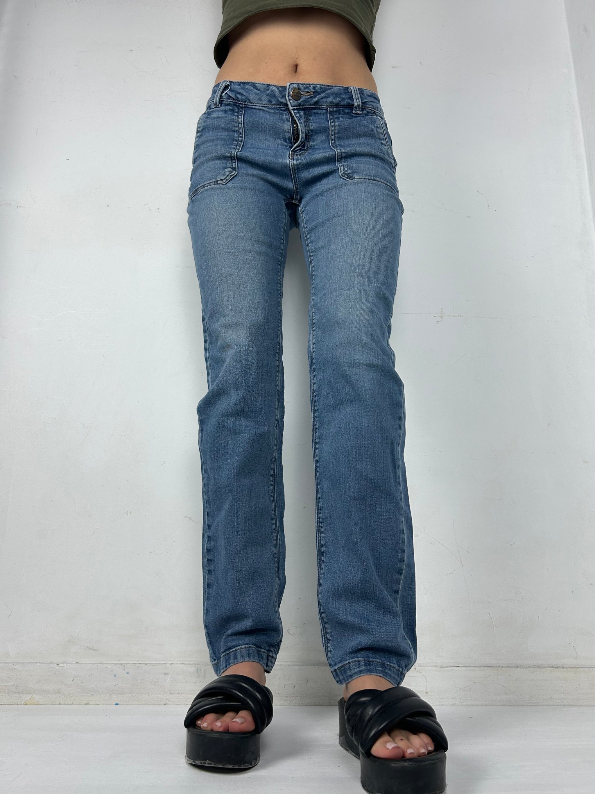 Blue denim low rise straight legs pants (S)