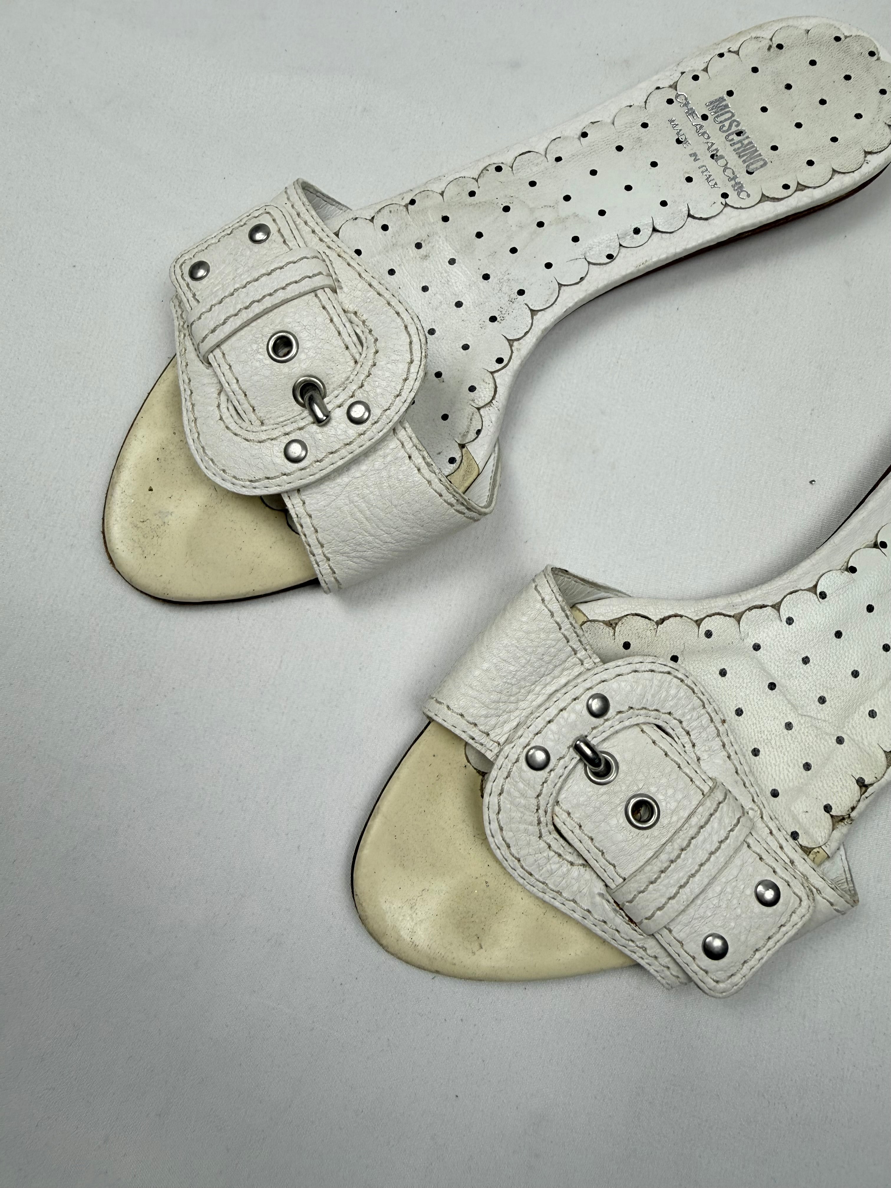 White buckle belt real leather mules (37)