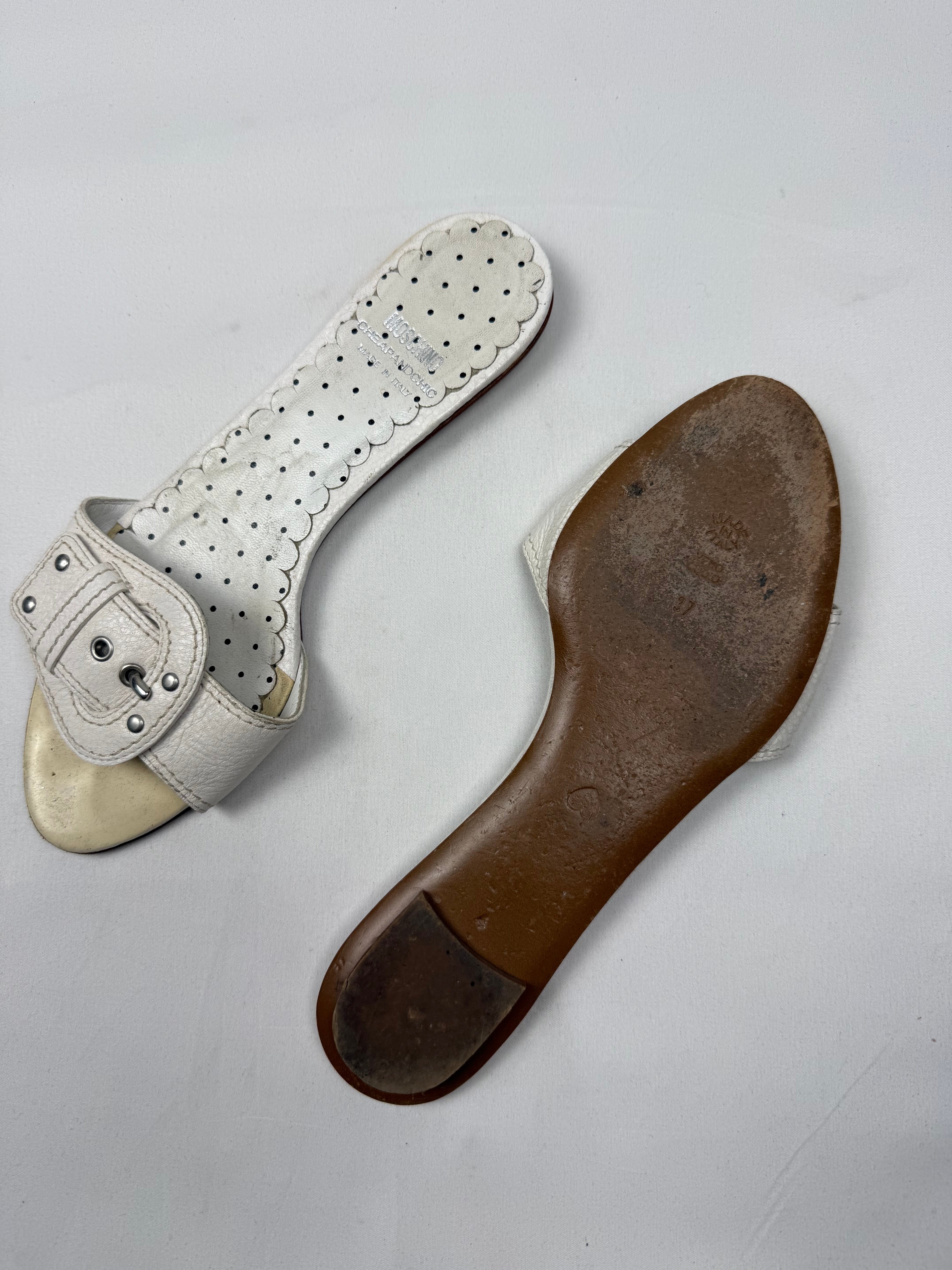 White buckle belt real leather mules (37)