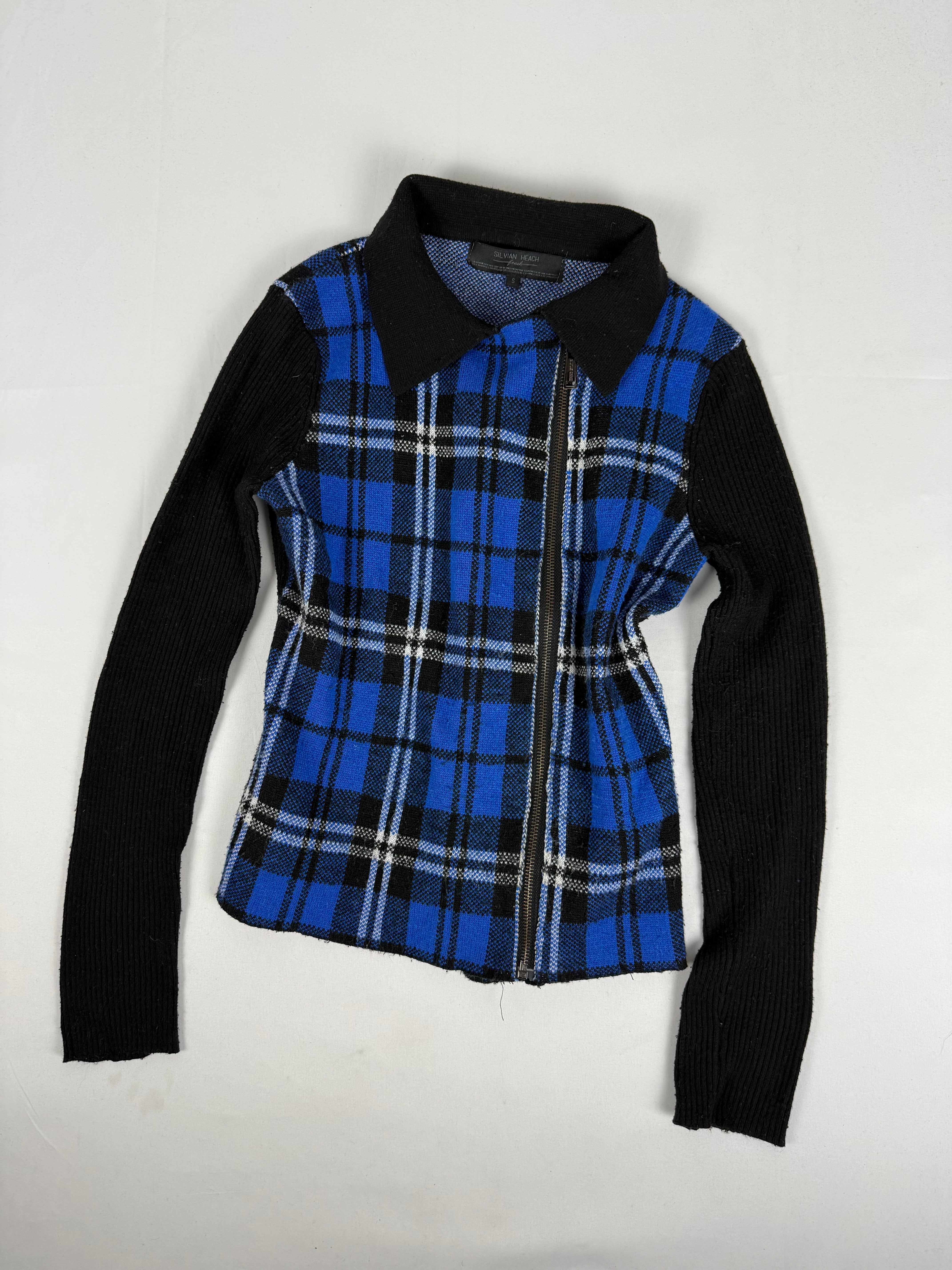 Blue check print knitted biker jacket (S/M)