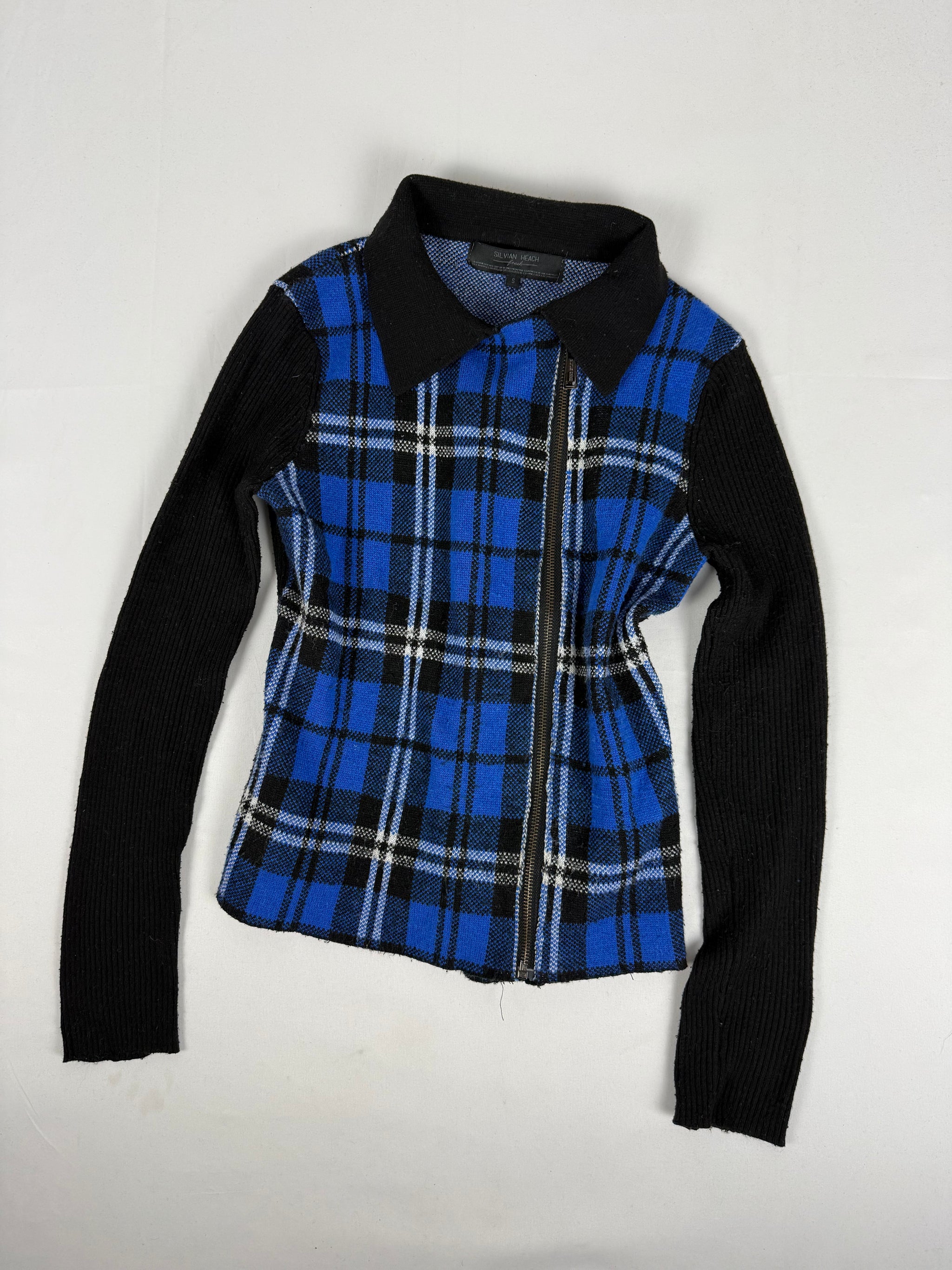 Blue check print knitted biker jacket (S/M)