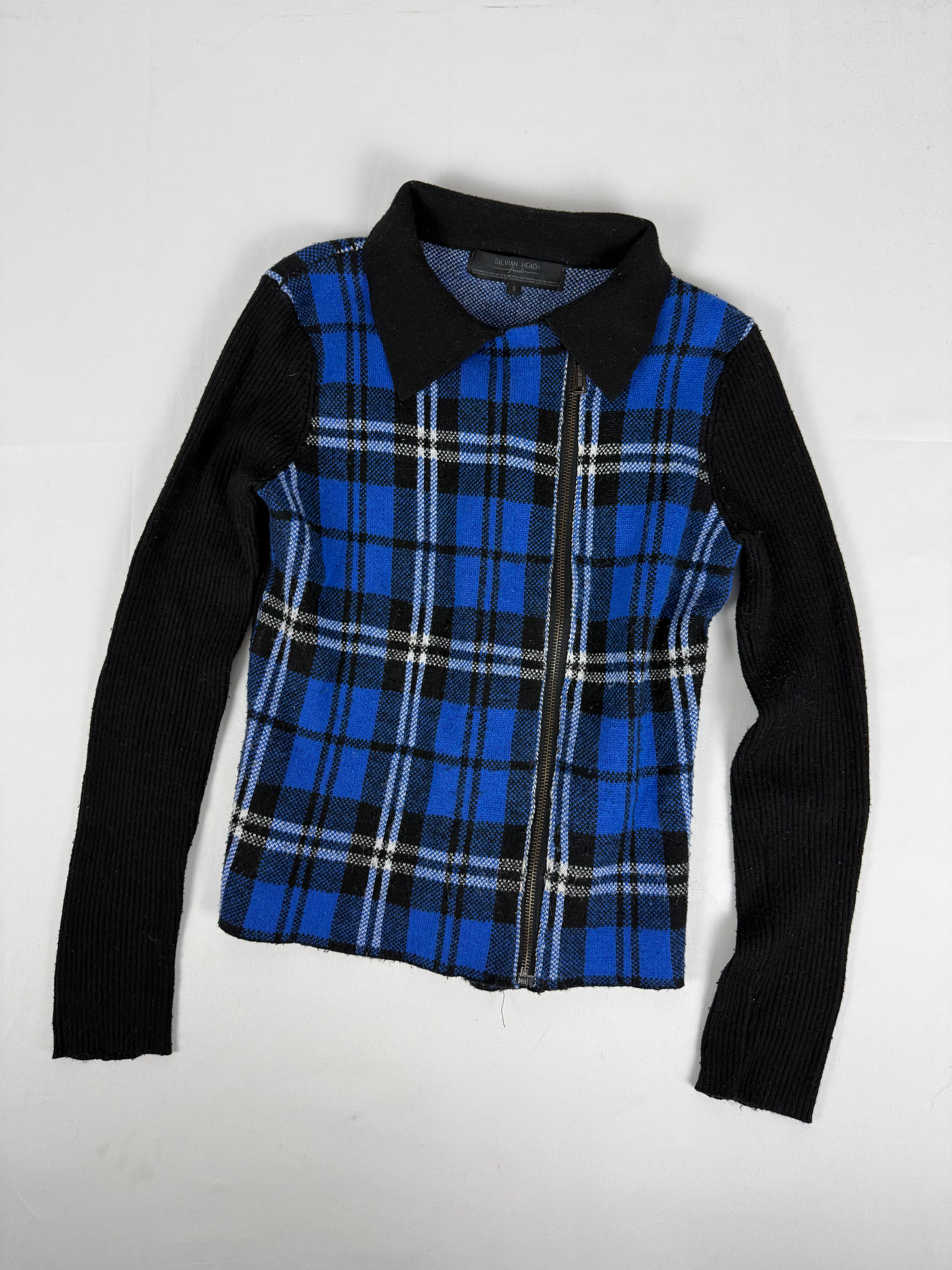 Blue check print knitted biker jacket (S/M)