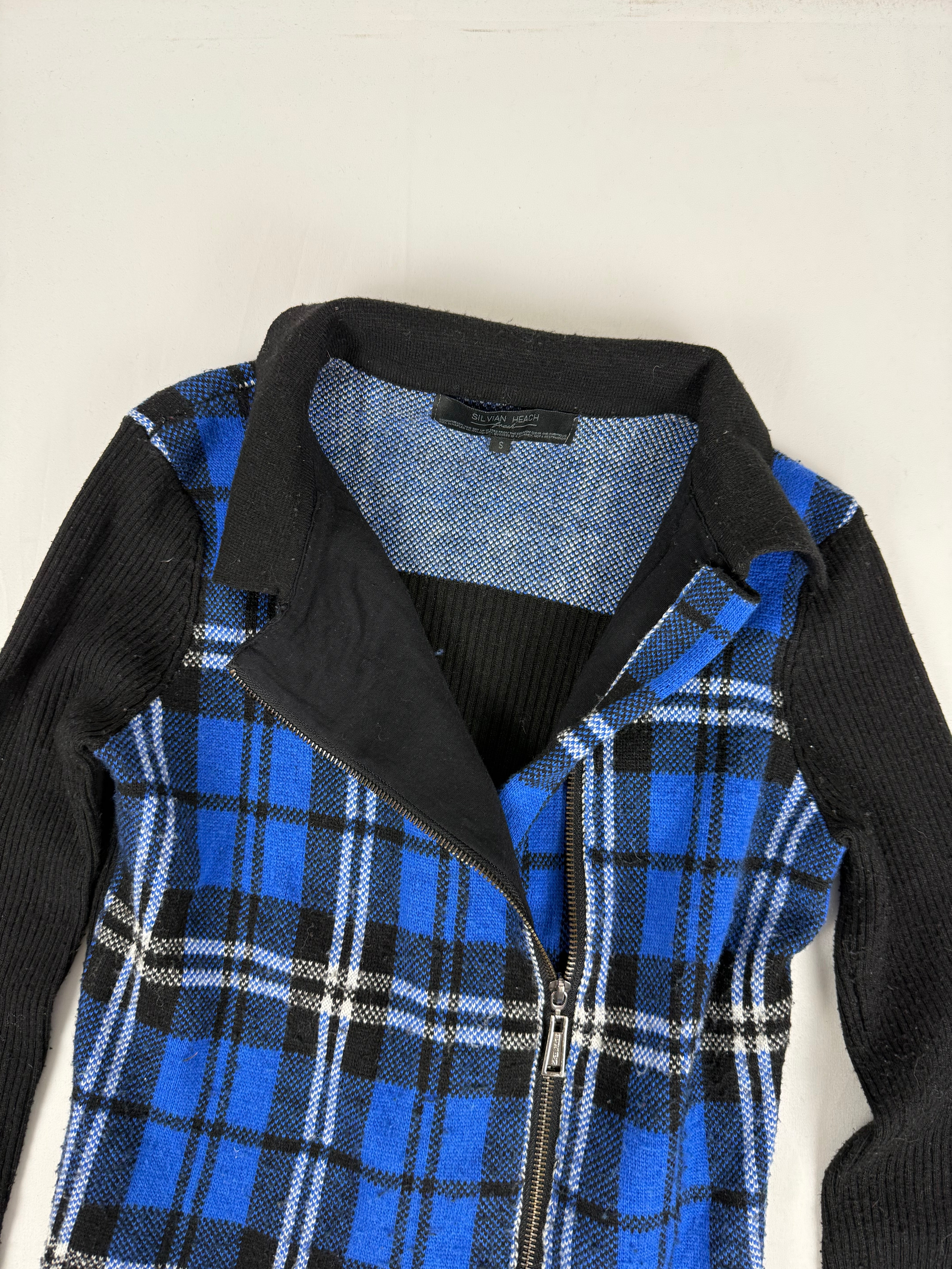 Blue check print knitted biker jacket (S/M)