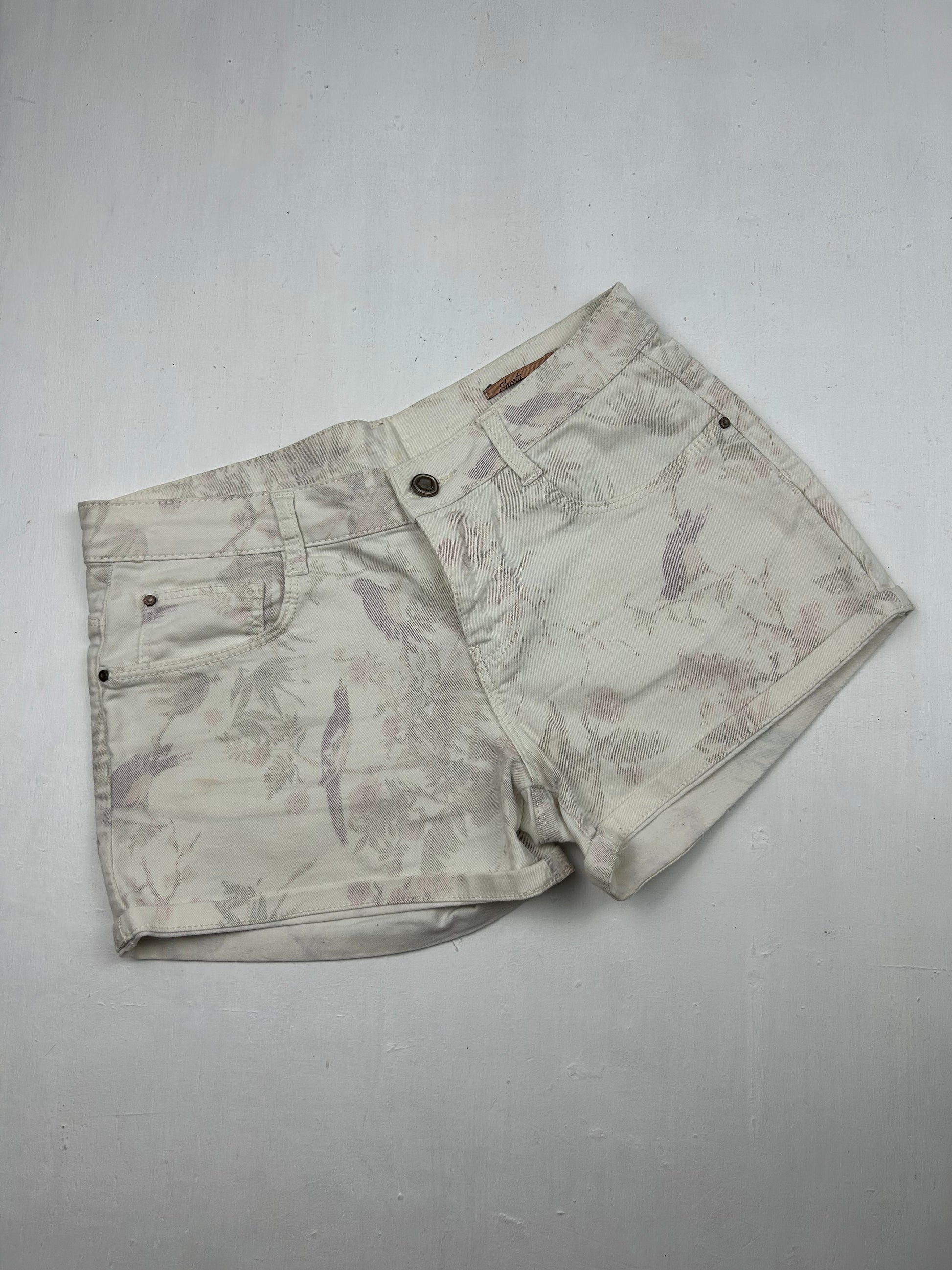 Cream floral denim low rise mini short (S)