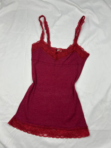 Red cotton ribbed lace cami top (S)