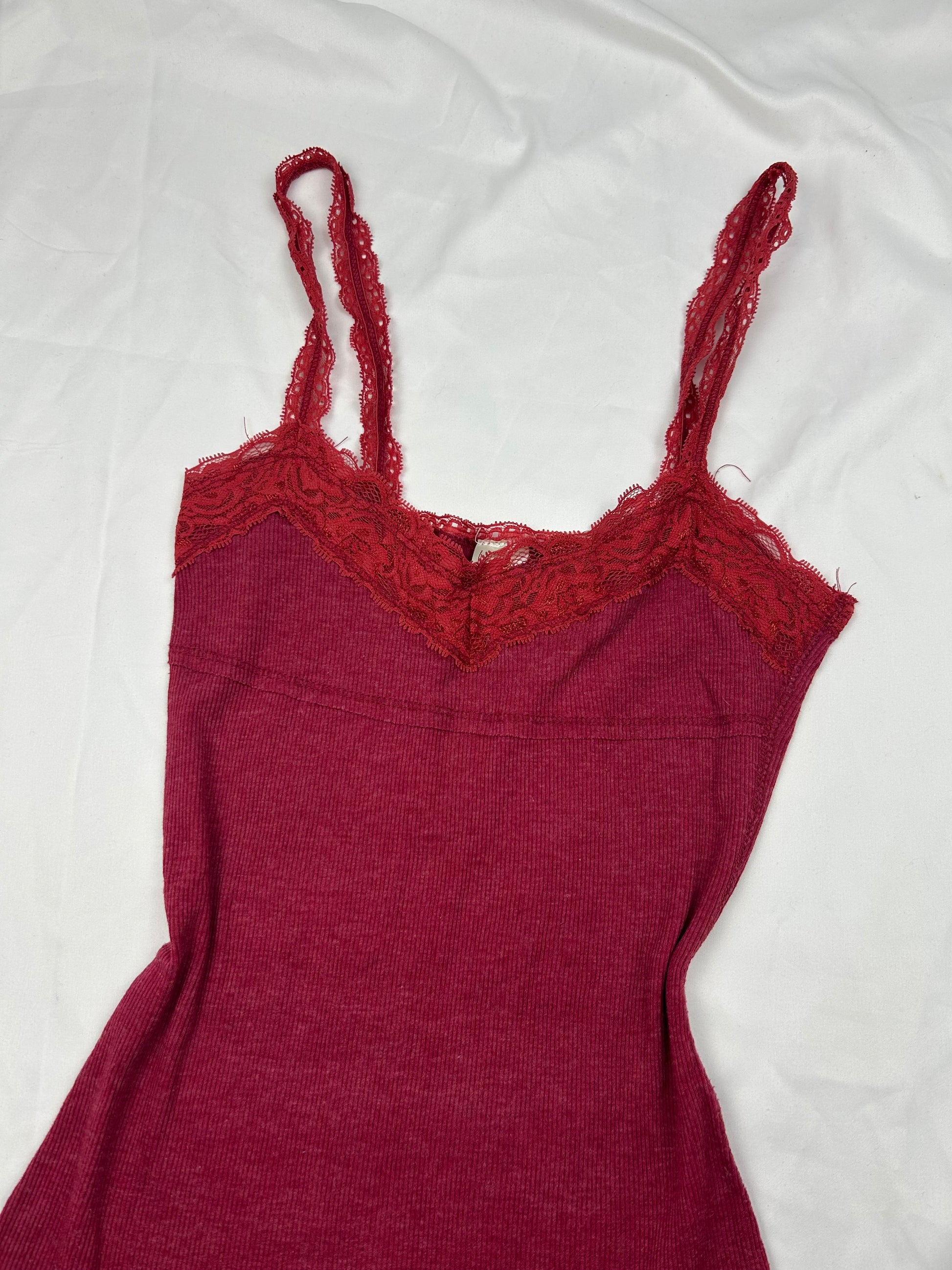 Red cotton ribbed lace cami top (S)