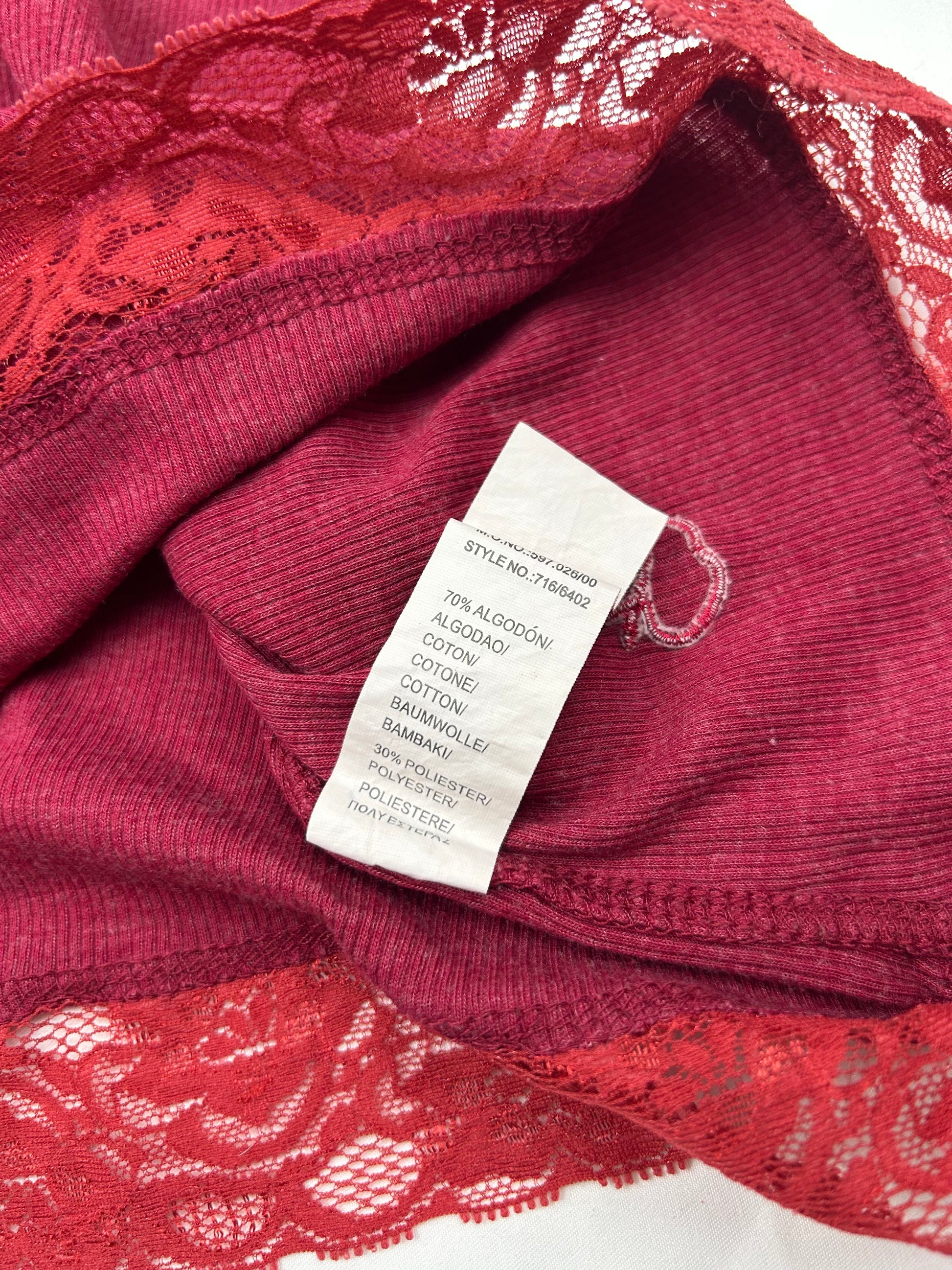 Red cotton ribbed lace cami top (S)