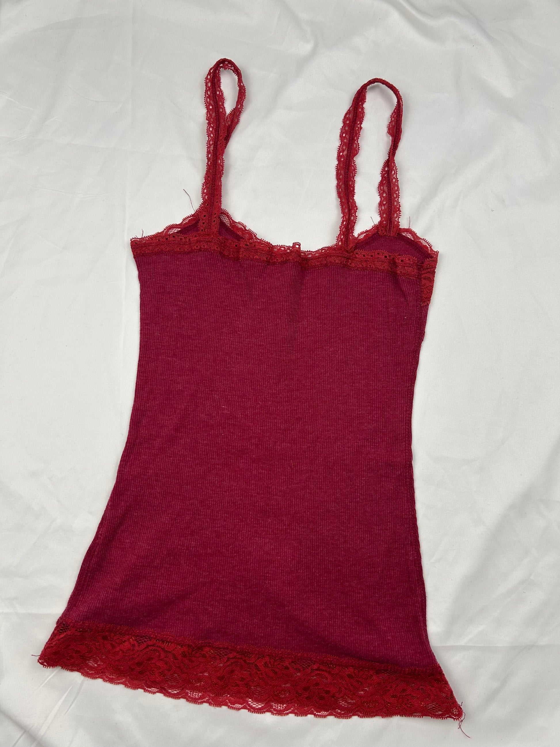 Red cotton ribbed lace cami top (S)