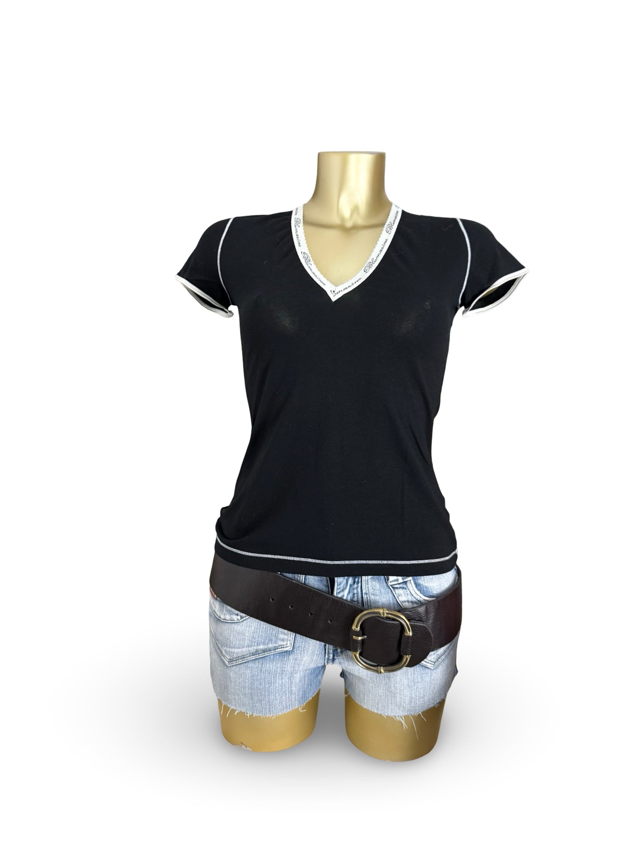 Black V neck tight fit logo tee (M)