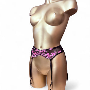 Black embroidered pink bows garter belt (S/M)