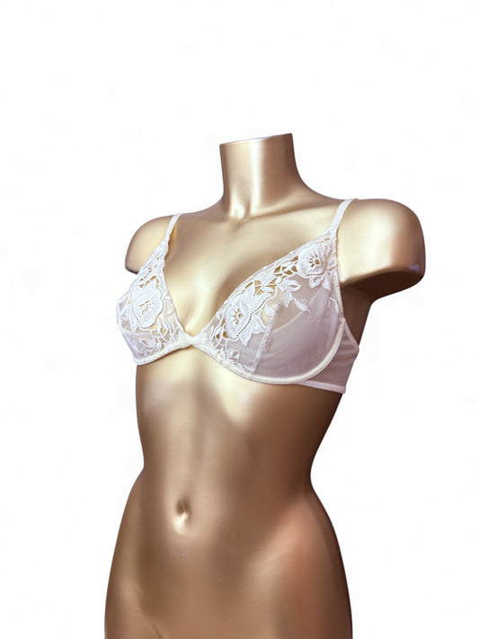 White cream mesh lace balcony vintage bra (95B)