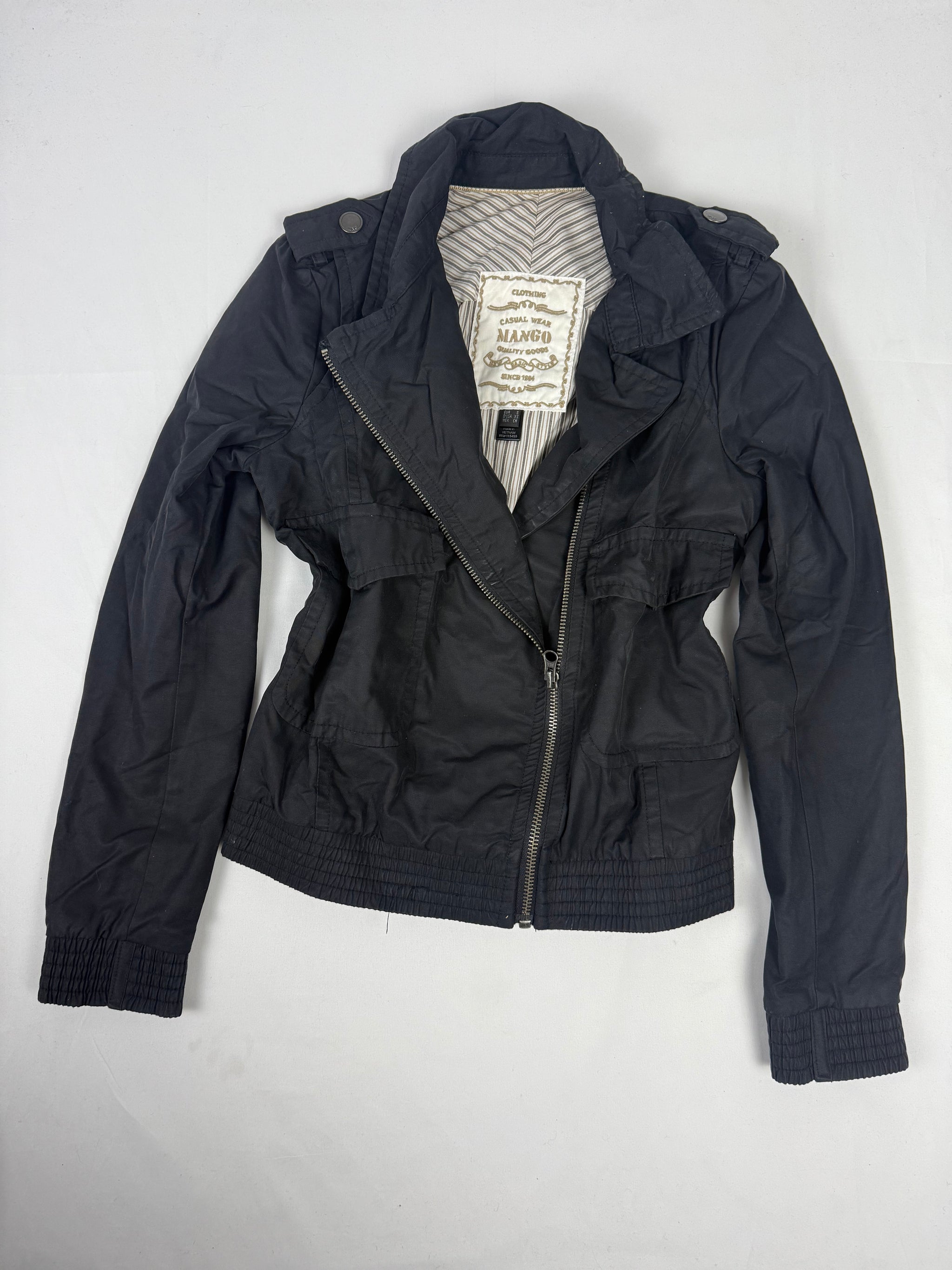 Black cotton zip up biker jacket (S)