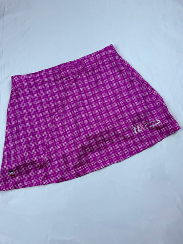 Pink check print low rise pleated mini tennis skirt (S)