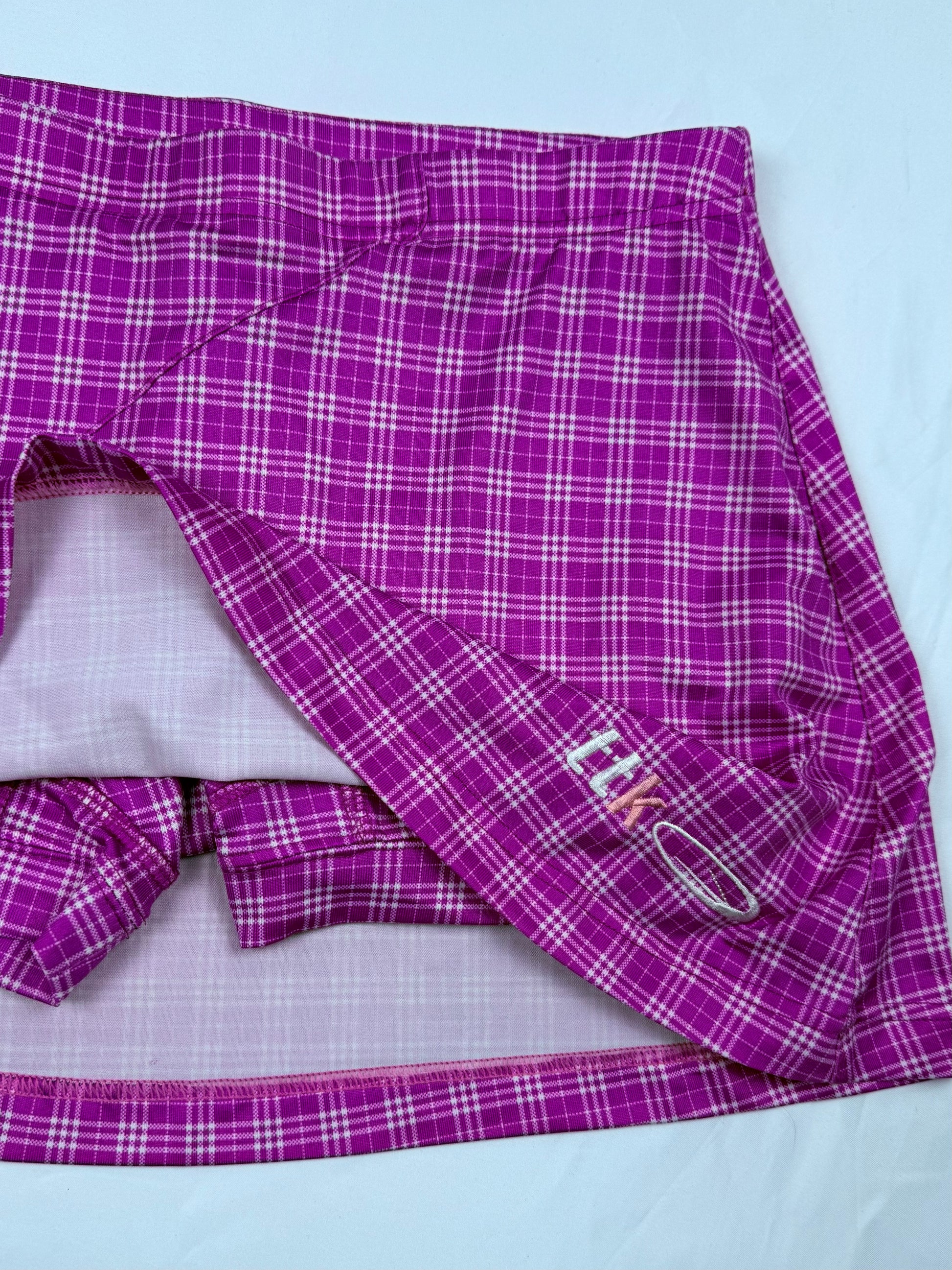 Pink check print low rise pleated mini tennis skirt (S)