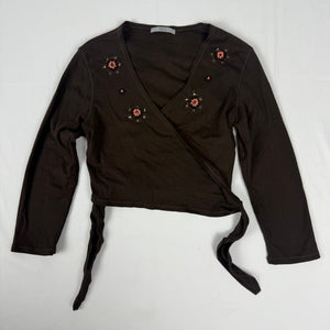 Brown tie up cotton long sleeves pearls bolero top (M)