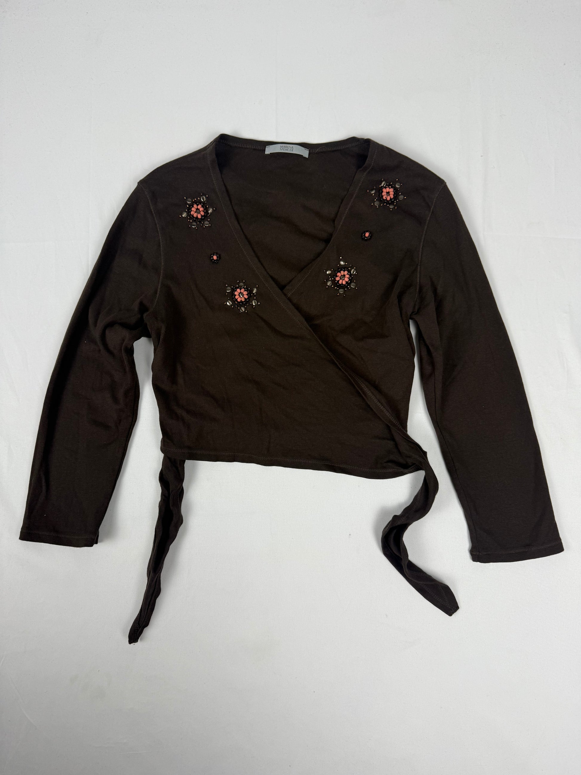 Brown tie up cotton long sleeves pearls bolero top (M)