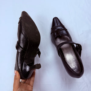 Black real leather buckle belt kitten heels (37)