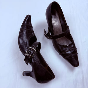 Black real leather buckle belt kitten heels (37)
