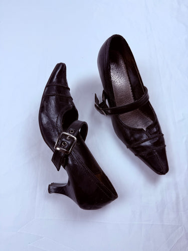 Black real leather buckle belt kitten heels (37)