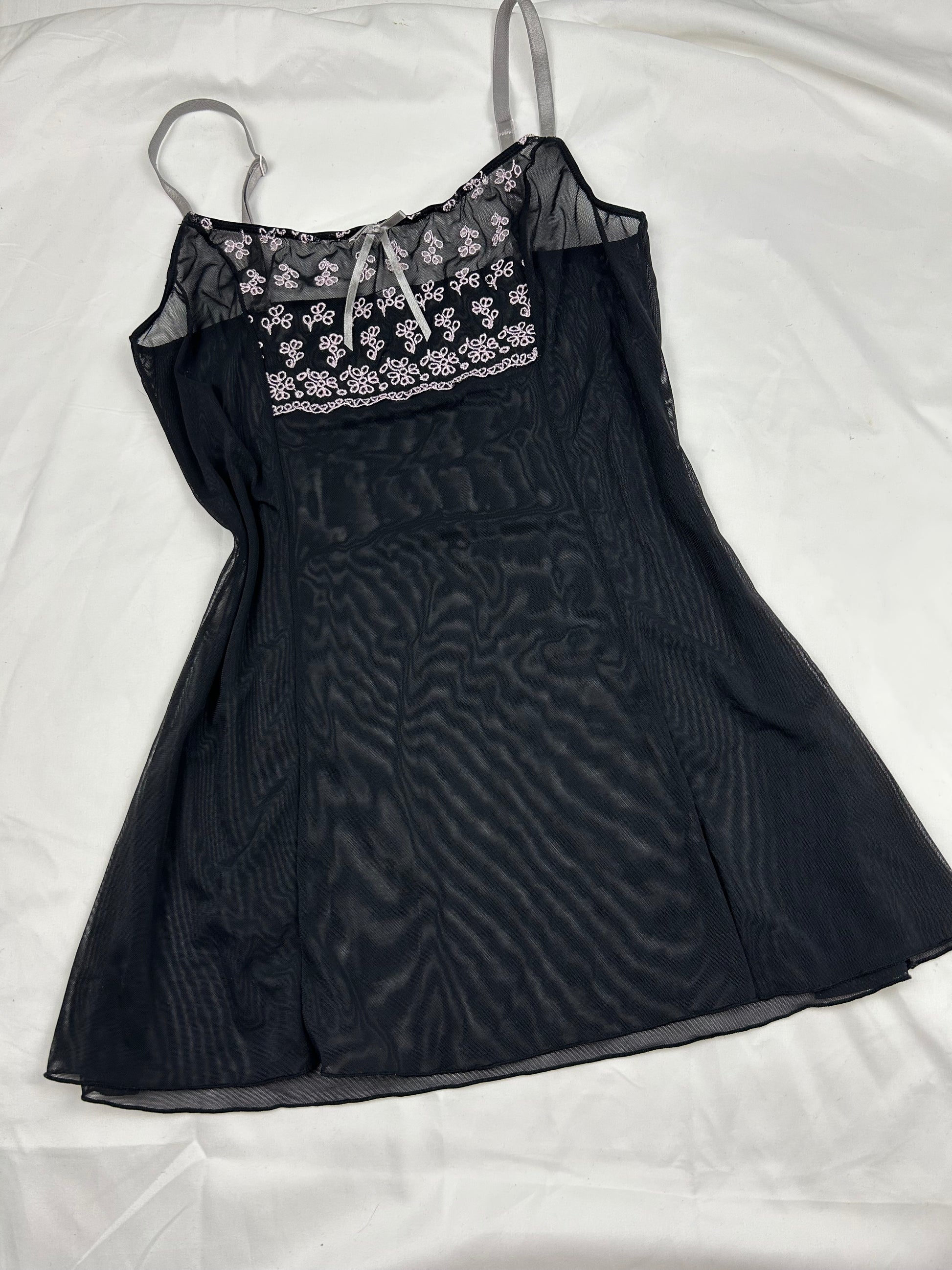 Black embroidered mesh babydoll cami top + panty set (S)