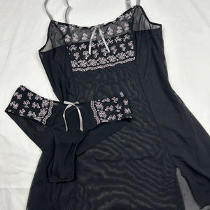 Black embroidered mesh babydoll cami top + panty set (S)