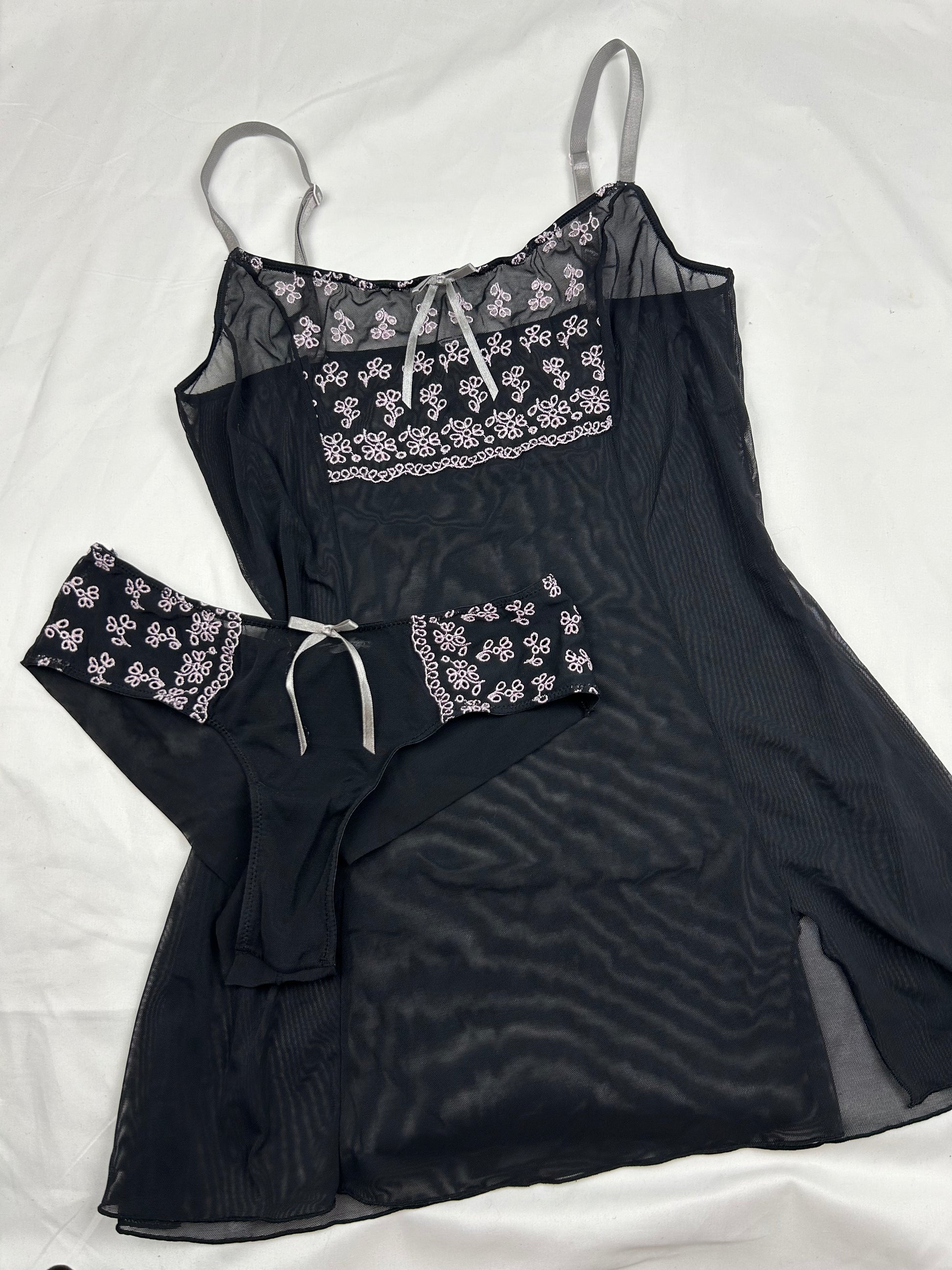 Black embroidered mesh babydoll cami top + panty set (S)