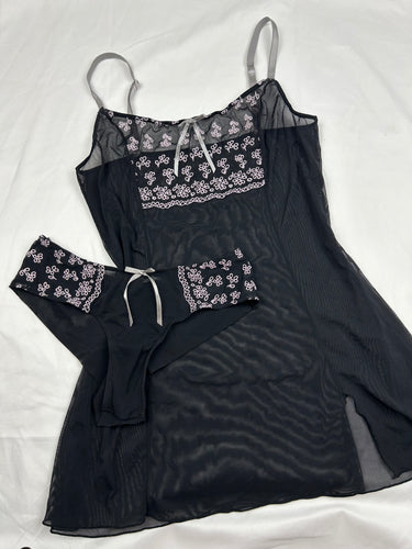 Black embroidered mesh babydoll cami top + panty set (S)