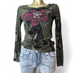 Khaki snake print long sleeves plunge neck top (S/M)