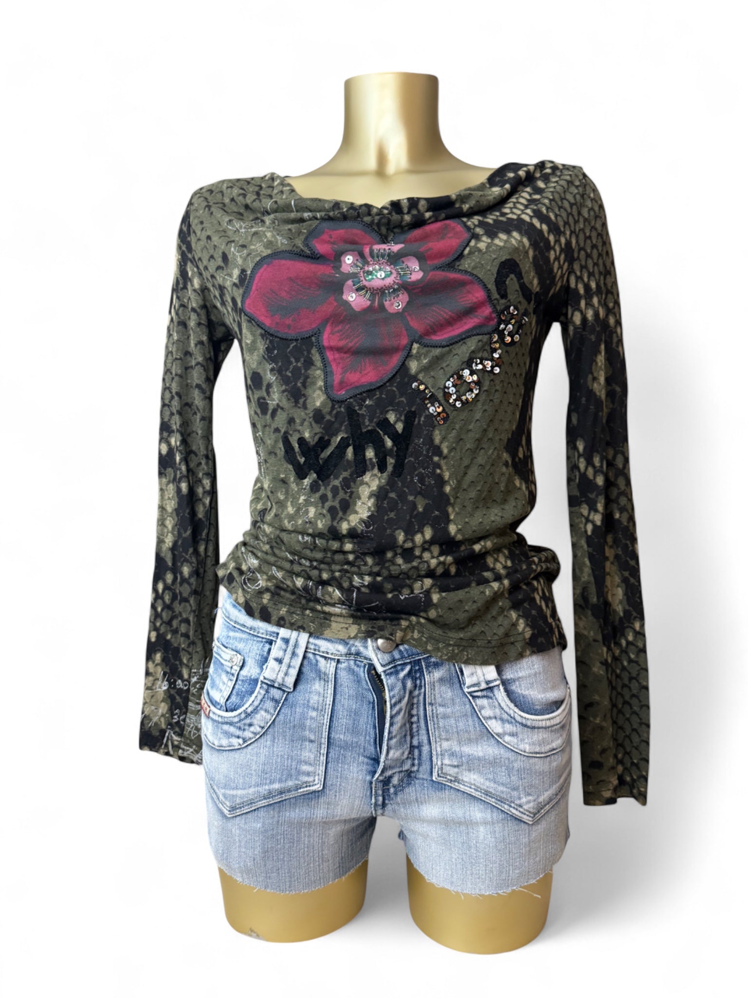 Khaki snake print long sleeves plunge neck top (S/M)