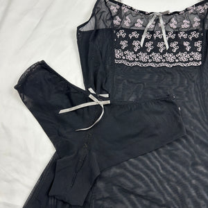 Black embroidered mesh babydoll cami top + panty set (S)