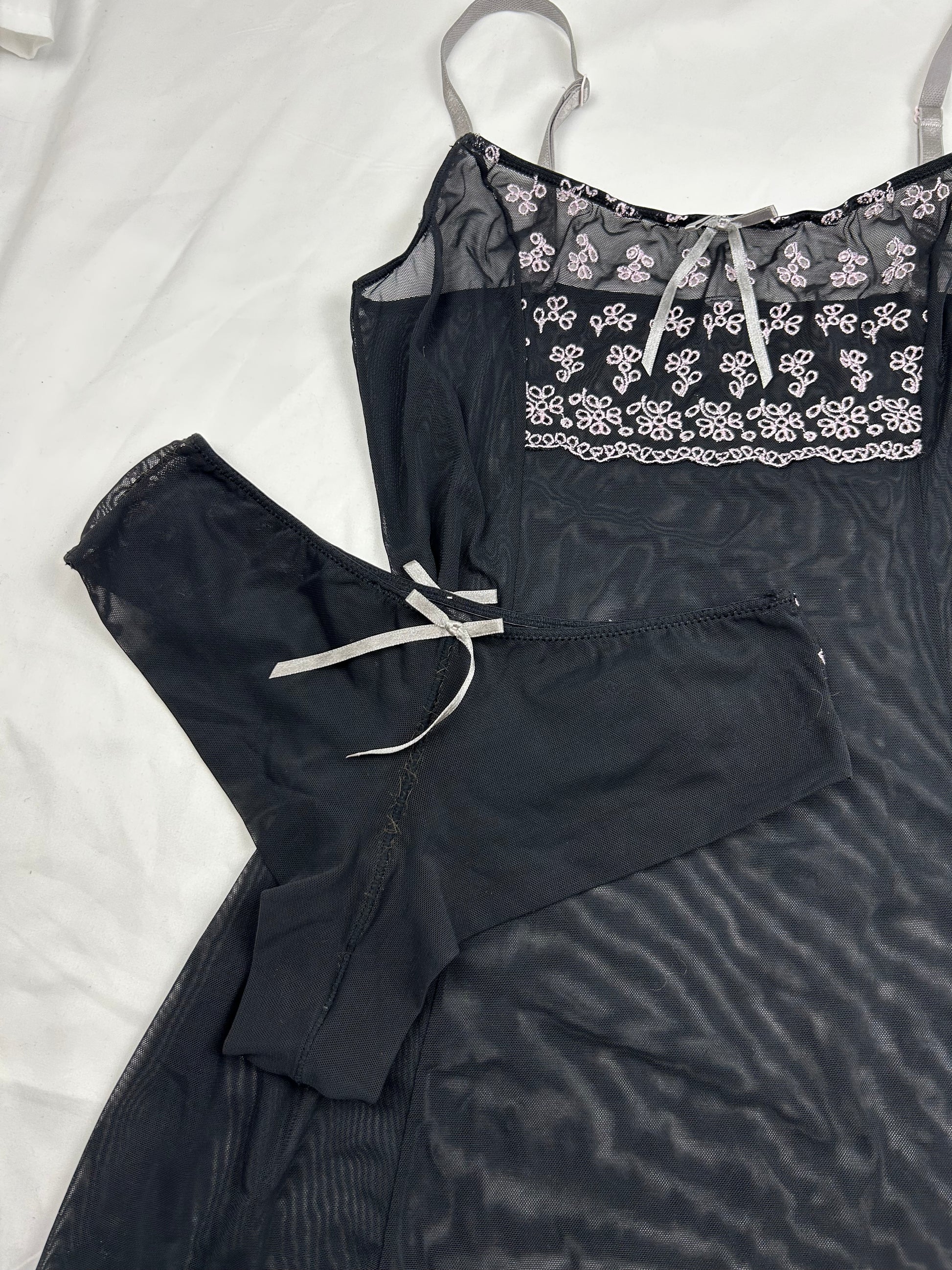 Black embroidered mesh babydoll cami top + panty set (S)