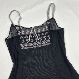Black embroidered mesh babydoll cami top + panty set (S)