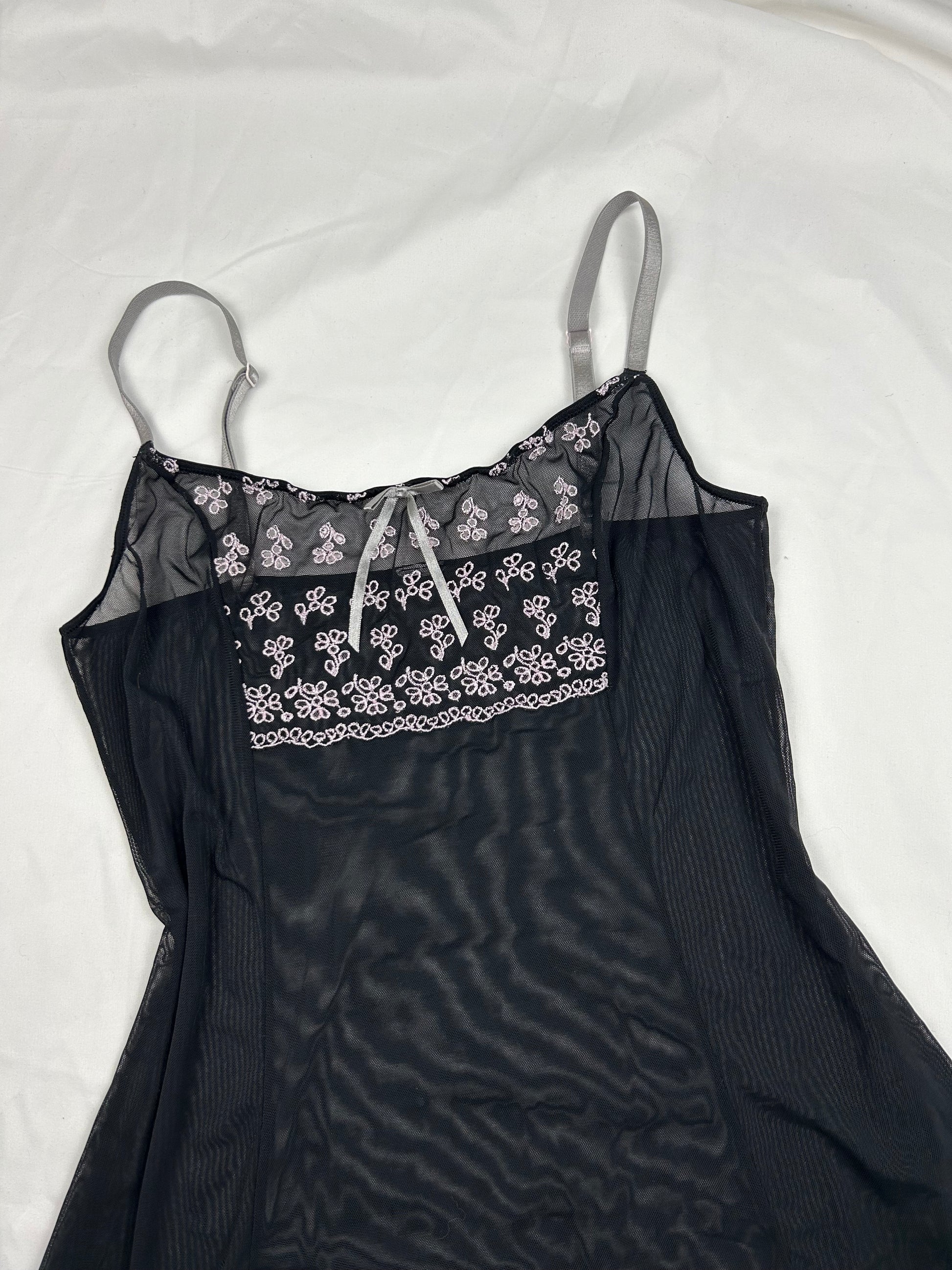 Black embroidered mesh babydoll cami top + panty set (S)