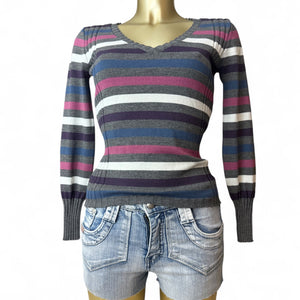 Grey striped V neck jumper (S/M)