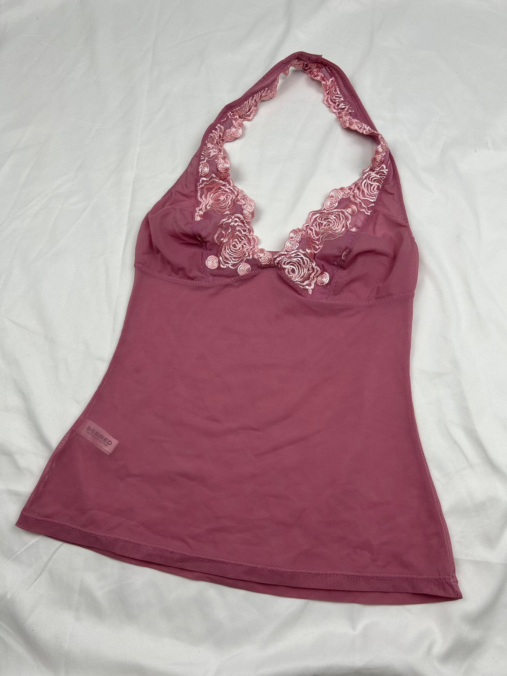 Pink floral mesh halter top (S)
