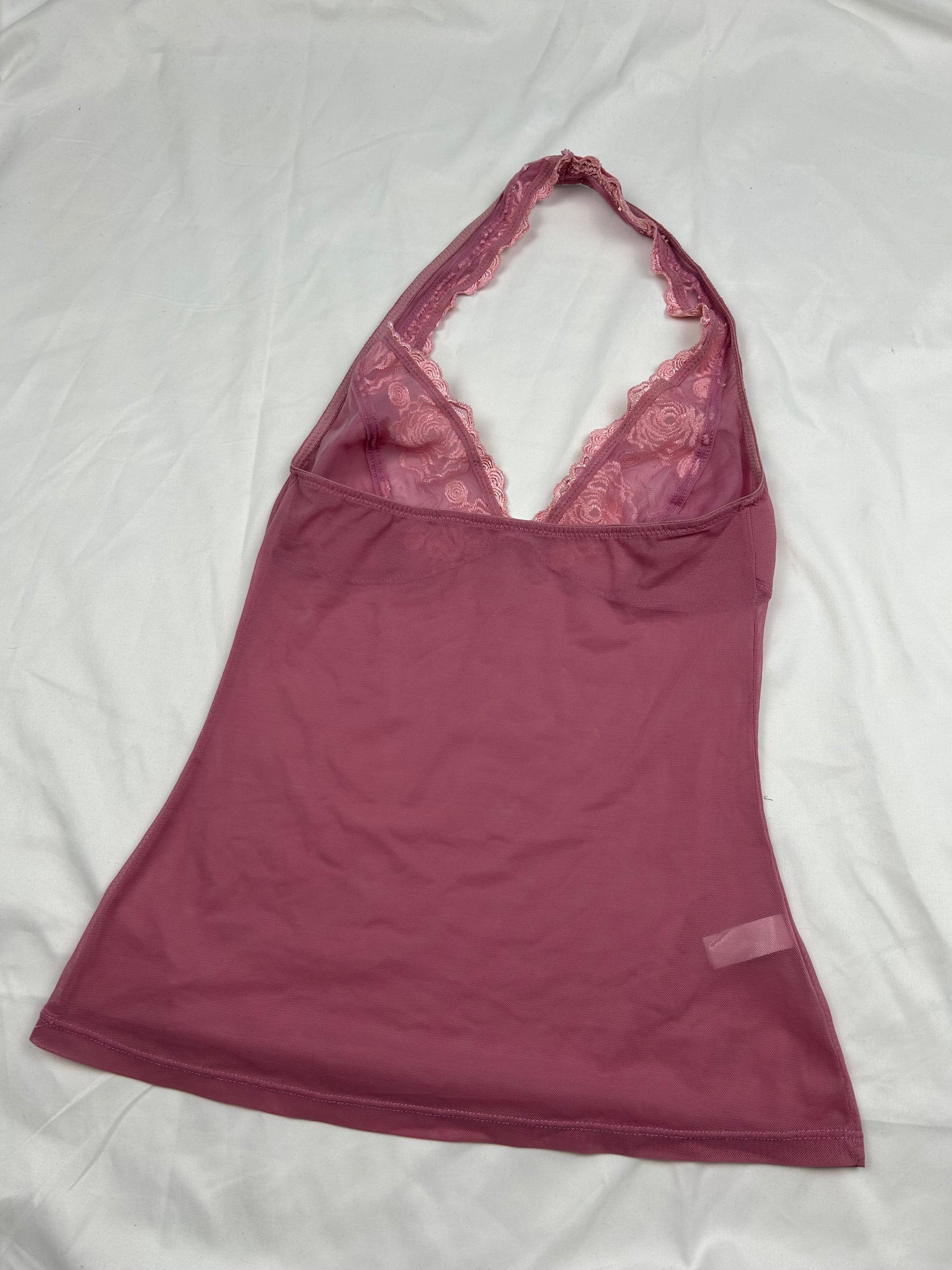 Pink floral mesh halter top (S)