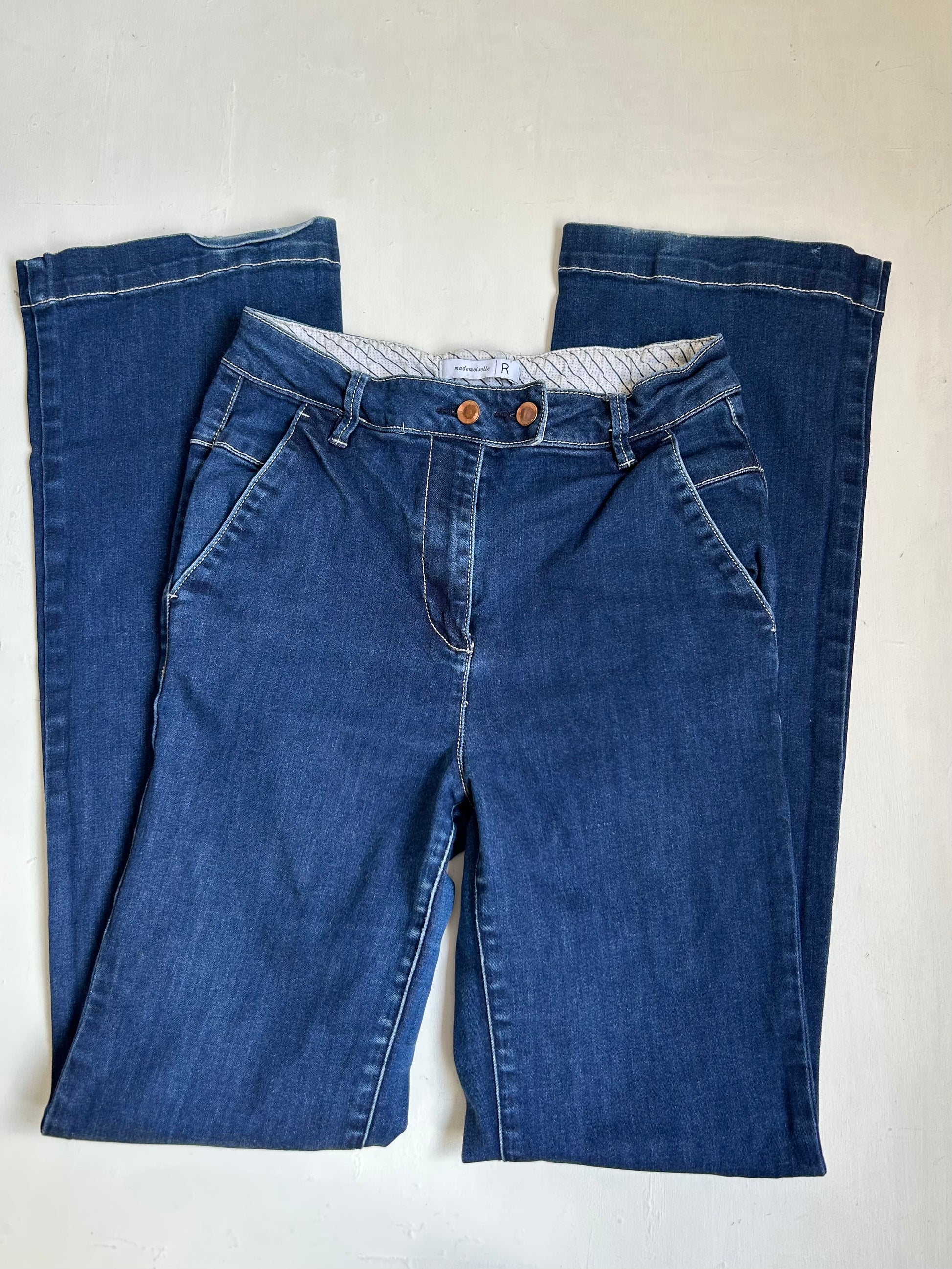 Blue denim stretchy low waist flare pants (XS/S)